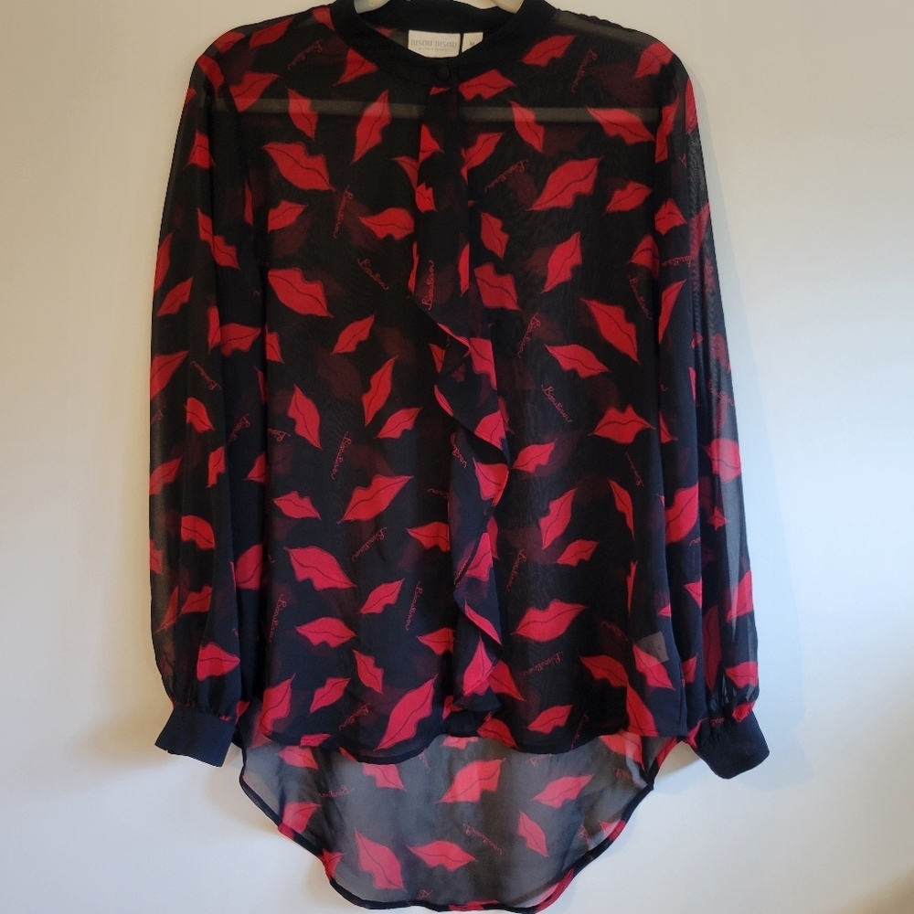Bisou Bisou Sheer Button Up Blouse Red Lips Graphic Whimsigoth Office Siren y2k